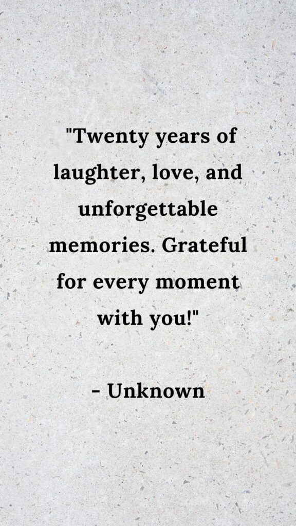 20 years friendship quotes
"Twenty years of laughter, love, and unforgettable memories. Grateful for every moment with you!"

- Unknown